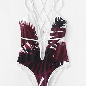 Red palm low cut one piece swimsuit